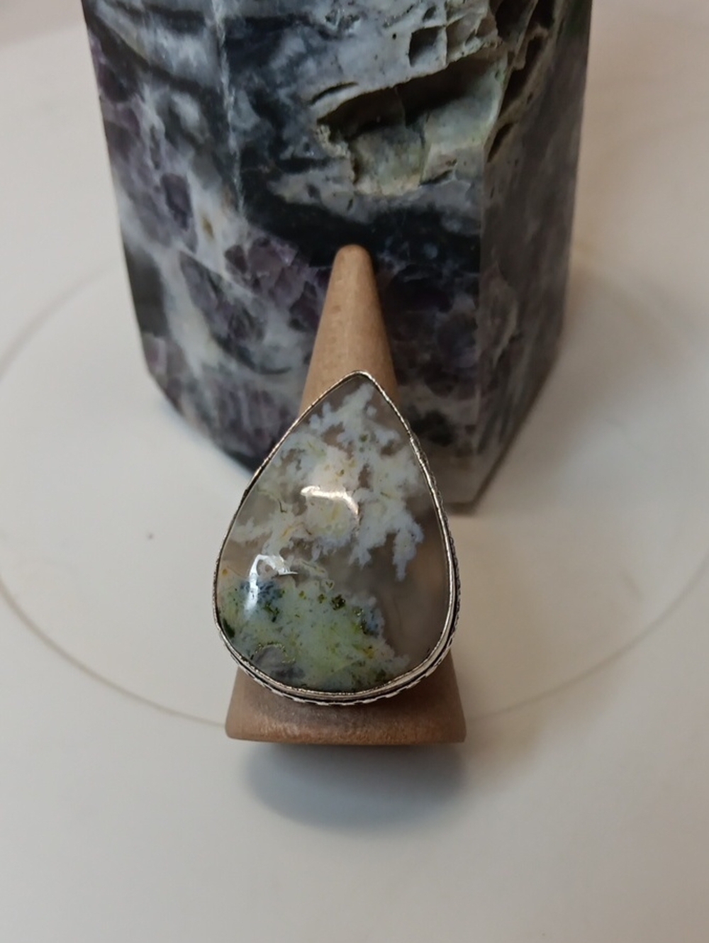 Sterling Silver Teardrop Moss Agate Statement Ring - Green & White